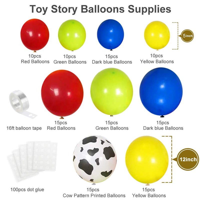 YMSZ Toy Inspired Story Balloons Arch Kit, 120pcs Red Blue Yellow Balloons with Cow Print Balloons for Boys Girls Inspired Story Party Themed Birthday Party Decorations - Image 2